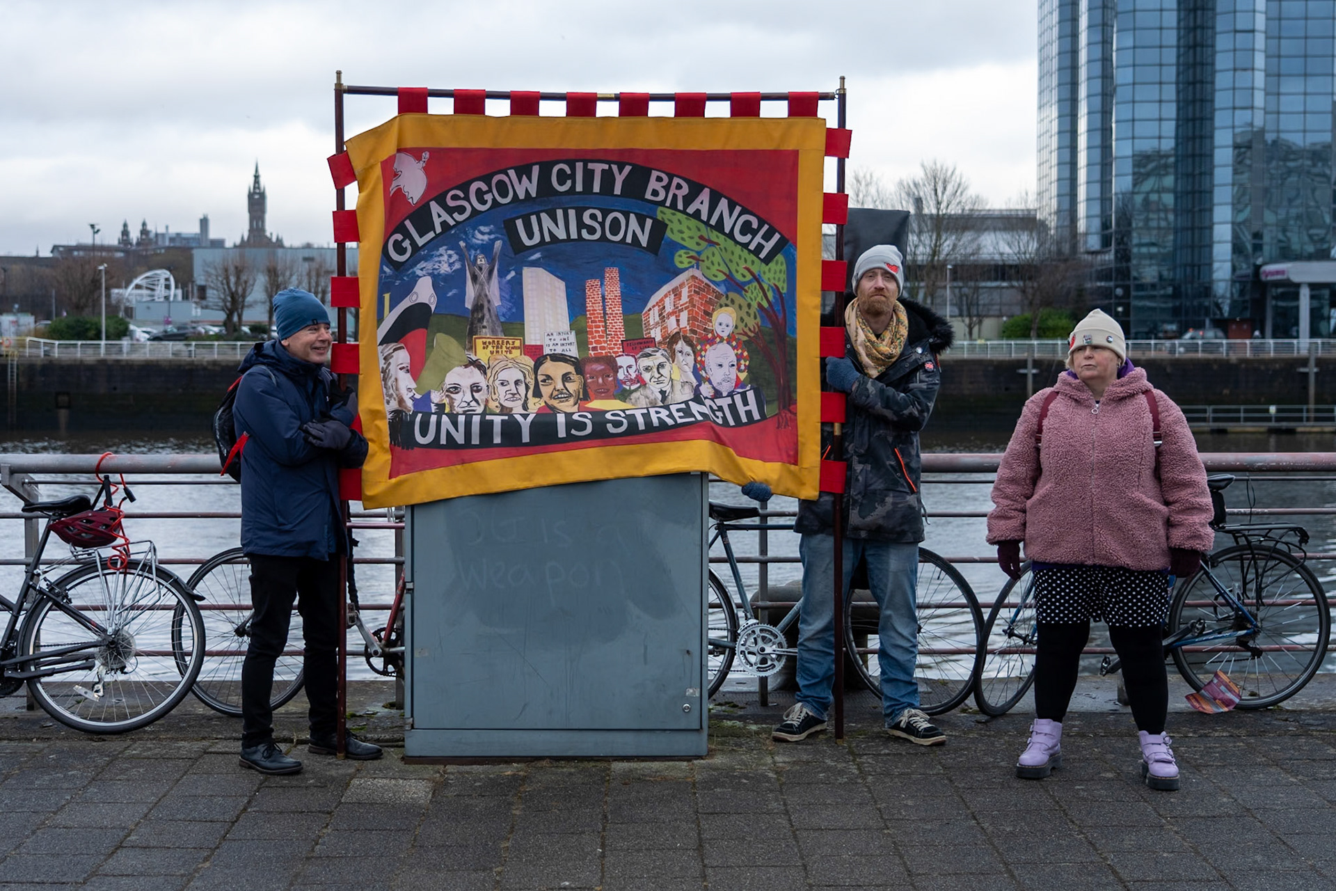 Glasgow, Scotland, UK. 20th January, 2024. Pro Palestine rally and protest outside BBC Scotland Headquarters in Glasgow involving a re-enactment of the killing of children and journalists in Gaza. Credit: R.Gass/Alamy Live News