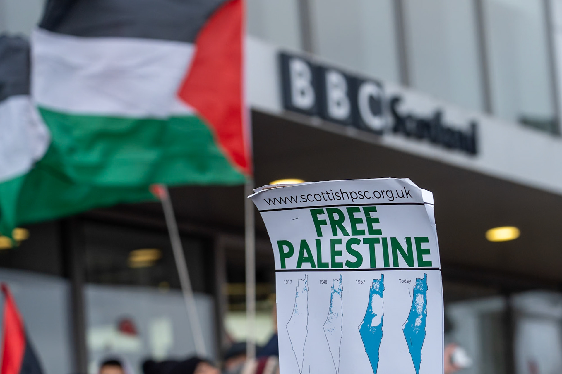 Glasgow, Scotland, UK. 20th January, 2024. Pro Palestine rally and protest outside BBC Scotland Headquarters in Glasgow involving a re-enactment of the killing of children and journalists in Gaza. Credit: R.Gass/Alamy Live News