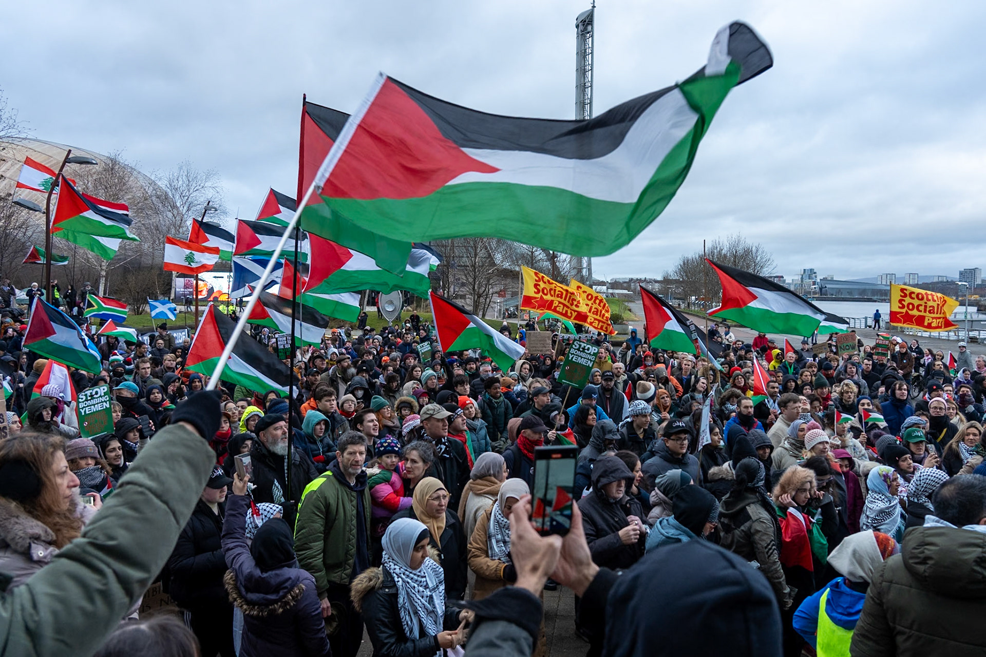 Glasgow, Scotland, UK. 20th January, 2024. Pro Palestine rally and protest outside BBC Scotland Headquarters in Glasgow involving a re-enactment of the killing of children and journalists in Gaza. Credit: R.Gass/Alamy Live News