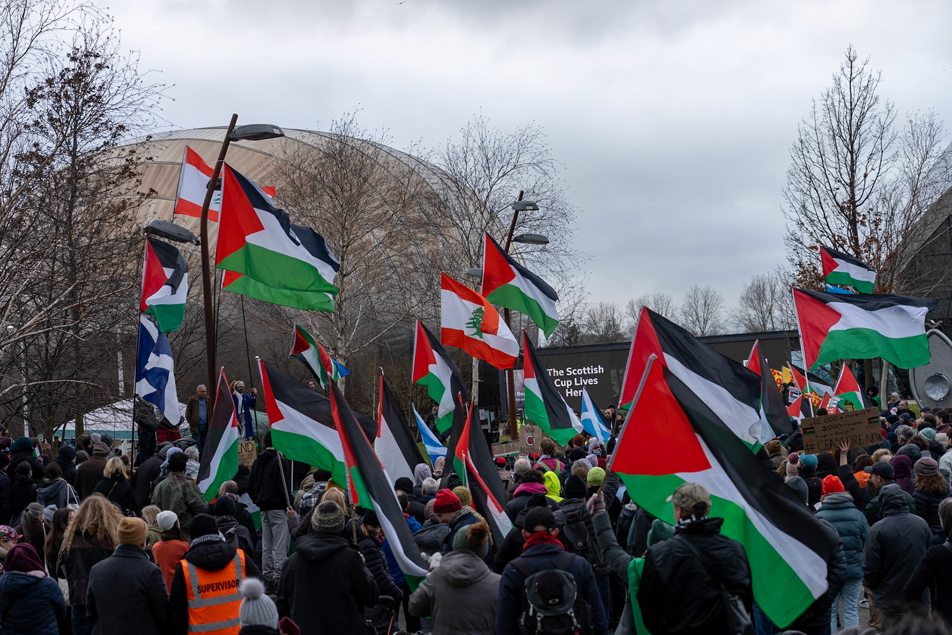 Glasgow, Scotland, UK. 20th January, 2024. Pro Palestine rally and protest outside BBC Scotland Headquarters in Glasgow involving a re-enactment of the killing of children and journalists in Gaza. Credit: R.Gass/Alamy Live News
