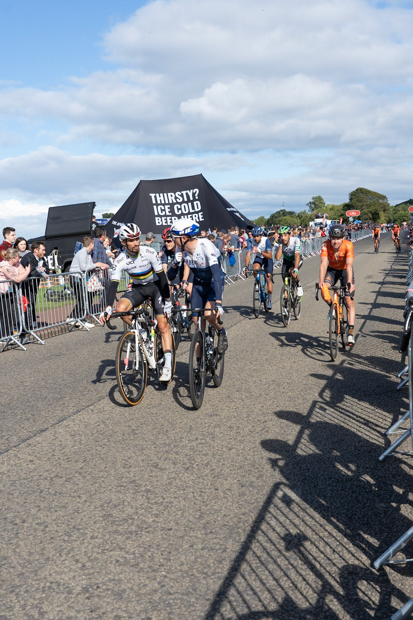 Edinburgh, Scotland, UK. 11th September 2021.Edinburgh’s Queens Drive plays host to the finish of Stage 7 of the 2021 AJ Bell Tour of Britain Cycling Race with Ethan Hayter, Wout Van Aert and Julian Alaphilippe battling to take the lead into the final stage tomorrow. Credit: Richard Gass/Alamy Live News