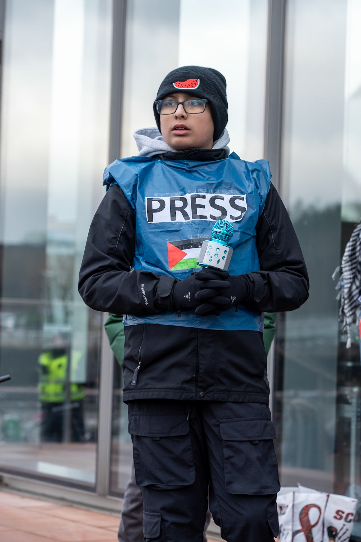 Glasgow, Scotland, UK. 20th January, 2024. Pro Palestine rally and protest outside BBC Scotland Headquarters in Glasgow involving a re-enactment of the killing of children and journalists in Gaza. Credit: R.Gass/Alamy Live News