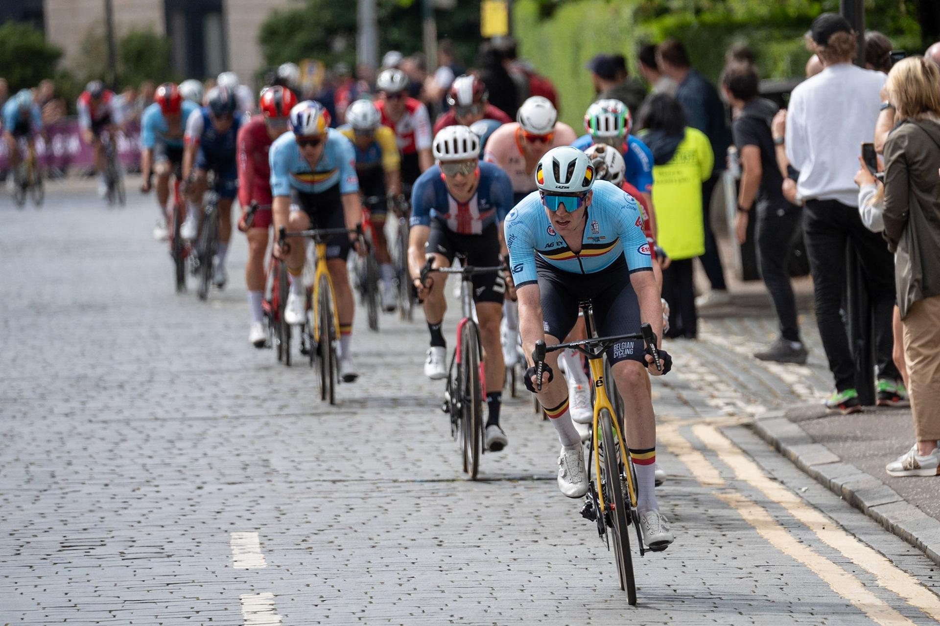 Glasgow, Scotland, UK. 6th August 2023. UCI World Championships – Mathieu van der Poel wins the Men’s Elite Road Race Road Race from Edinburgh to Glasgow ending with 10 laps of the city centre circuit. Credit R.Gass/Alamy Live News