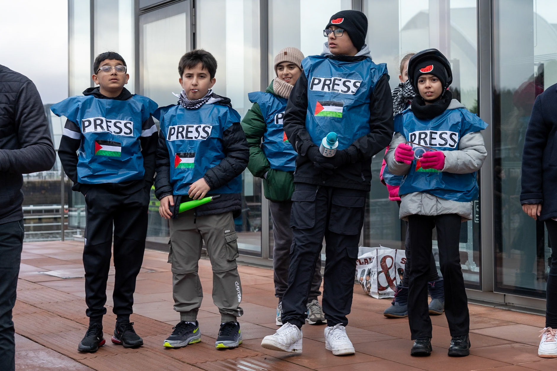 Glasgow, Scotland, UK. 20th January, 2024. Pro Palestine rally and protest outside BBC Scotland Headquarters in Glasgow involving a re-enactment of the killing of children and journalists in Gaza. Credit: R.Gass/Alamy Live News