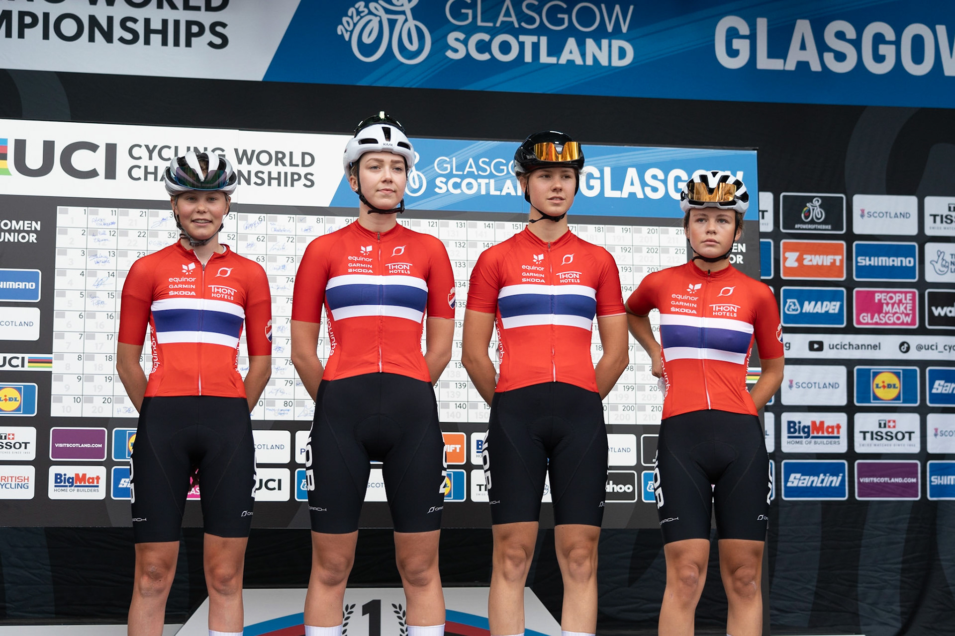 Glasgow, Scotland, UK. 5th August 2023. UCI World Championships - Junior Woman – Presentation of Teams prior to the Road Race of 5 laps of the city centre circuit. Credit R.Gass/Alamy Live News