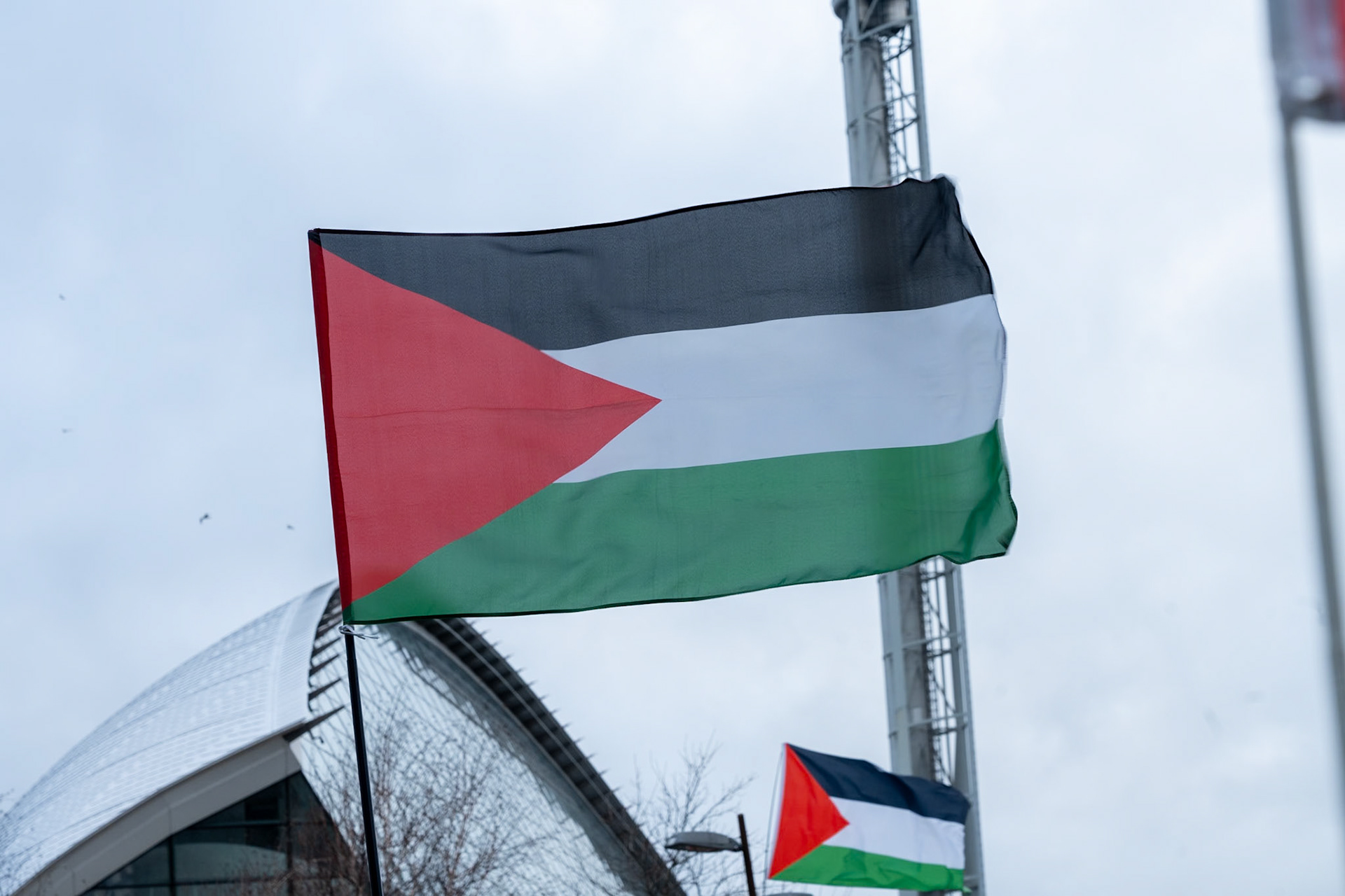 Glasgow, Scotland, UK. 20th January, 2024. Pro Palestine rally and protest outside BBC Scotland Headquarters in Glasgow involving a re-enactment of the killing of children and journalists in Gaza. Credit: R.Gass/Alamy Live News