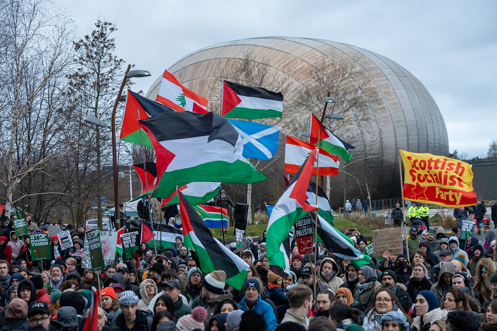 Glasgow, Scotland, UK. 20th January, 2024. Pro Palestine rally and protest outside BBC Scotland Headquarters in Glasgow involving a re-enactment of the killing of children and journalists in Gaza. Credit: R.Gass/Alamy Live News
