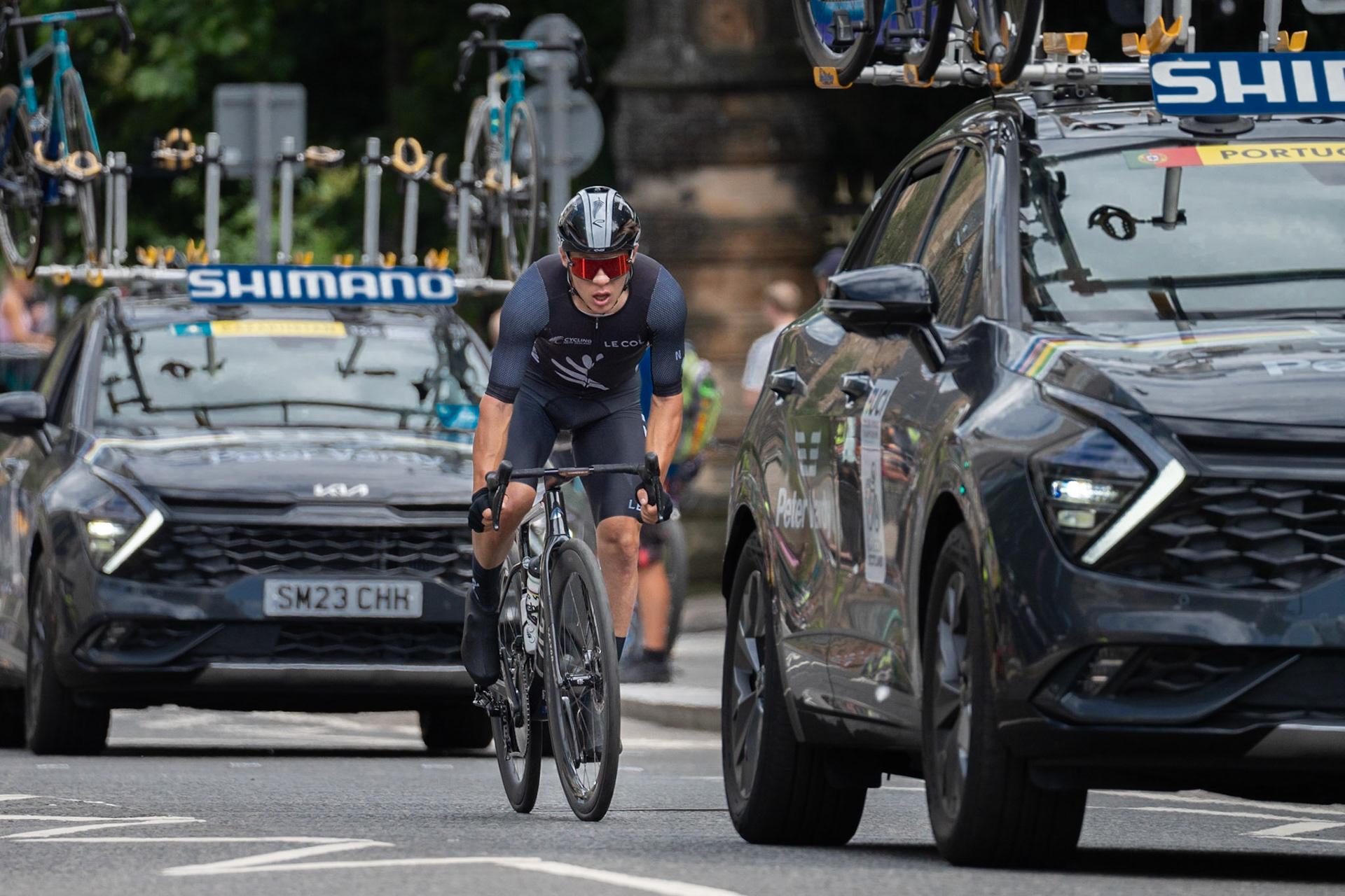 Glasgow, Scotland, UK. 6th August 2023. UCI World Championships – Mathieu van der Poel wins the Men’s Elite Road Race Road Race from Edinburgh to Glasgow ending with 10 laps of the city centre circuit. Credit R.Gass/Alamy Live News
