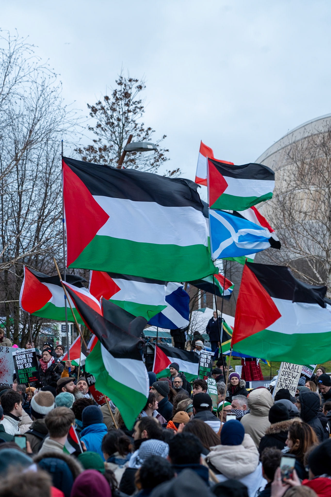Glasgow, Scotland, UK. 20th January, 2024. Pro Palestine rally and protest outside BBC Scotland Headquarters in Glasgow involving a re-enactment of the killing of children and journalists in Gaza. Credit: R.Gass/Alamy Live News