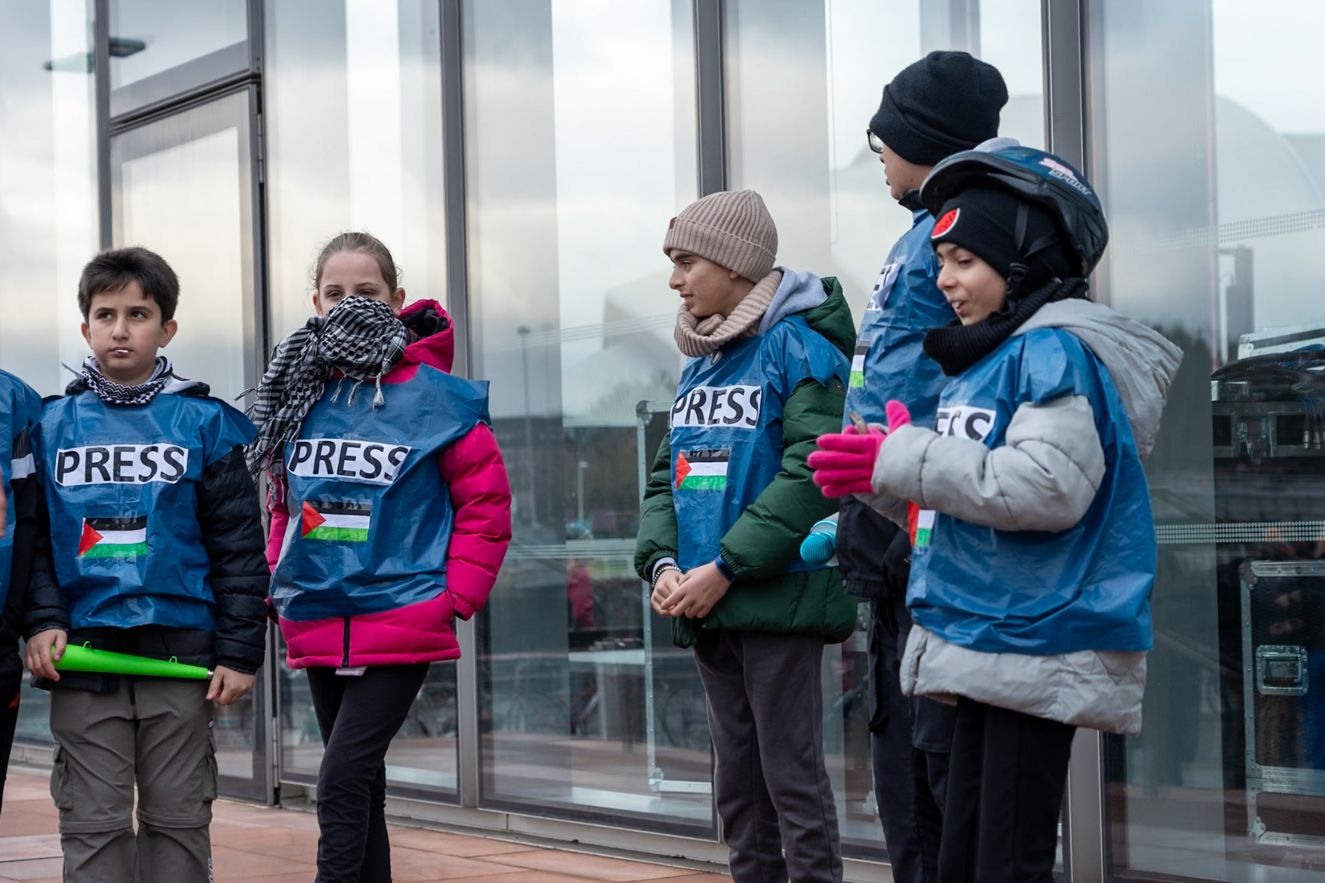 Glasgow, Scotland, UK. 20th January, 2024. Pro Palestine rally and protest outside BBC Scotland Headquarters in Glasgow involving a re-enactment of the killing of children and journalists in Gaza. Credit: R.Gass/Alamy Live News