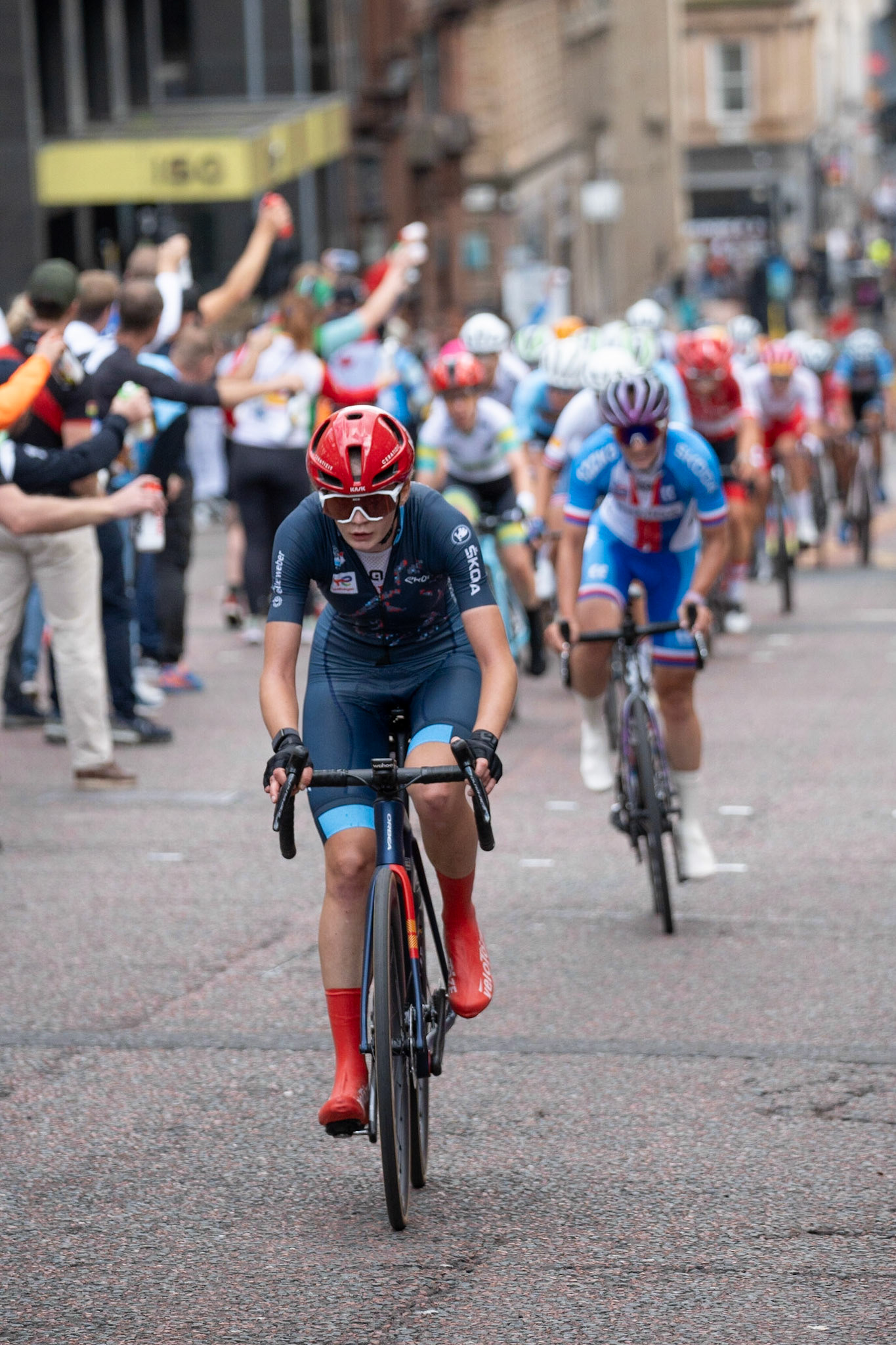 Glasgow, Scotland, UK. 13th August 2023. UCI World Championships – Lotte Kopecky of Belgium wins the Women’s Elite Road Race Road Race from Loch Lomond to Glasgow ending with 6 laps of the city centre circuit. Credit R.Gass/Alamy Live News