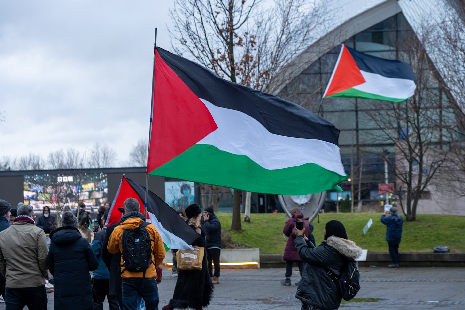 Glasgow, Scotland, UK. 20th January, 2024. Pro Palestine rally and protest outside BBC Scotland Headquarters in Glasgow involving a re-enactment of the killing of children and journalists in Gaza. Credit: R.Gass/Alamy Live News