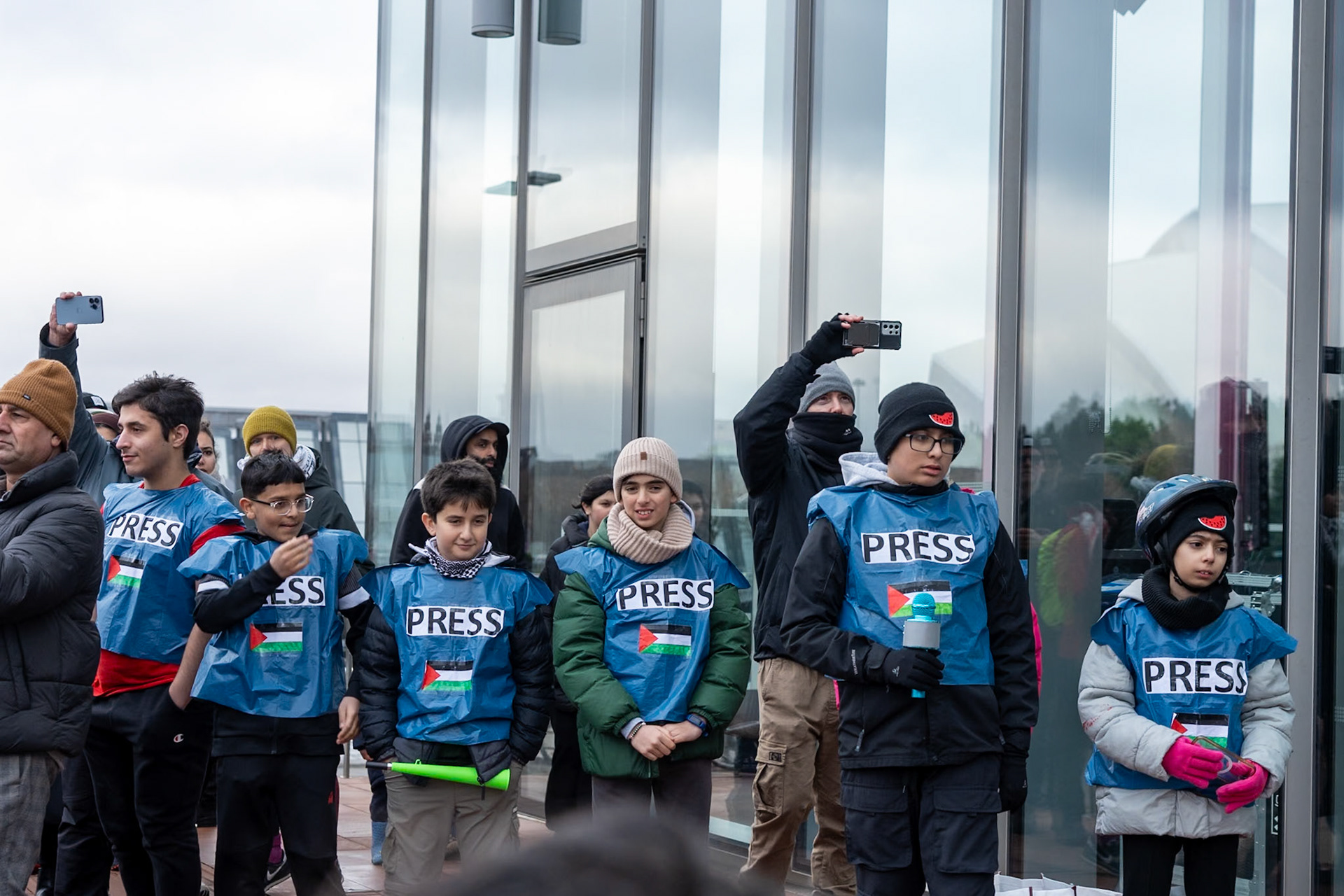 Glasgow, Scotland, UK. 20th January, 2024. Pro Palestine rally and protest outside BBC Scotland Headquarters in Glasgow involving a re-enactment of the killing of children and journalists in Gaza. Credit: R.Gass/Alamy Live News