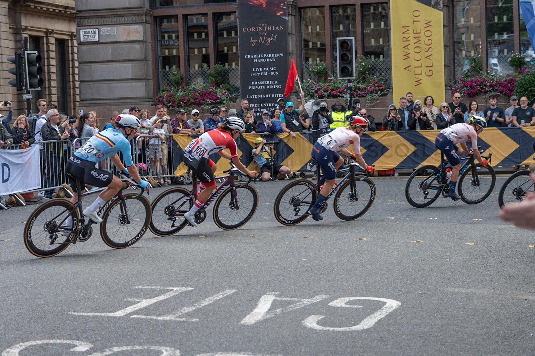 Glasgow, Scotland, UK. 13th August 2023. UCI World Championships – Lotte Kopecky of Belgium wins the Women’s Elite Road Race Road Race from Loch Lomond to Glasgow ending with 6 laps of the city centre circuit. Credit R.Gass/Alamy Live News