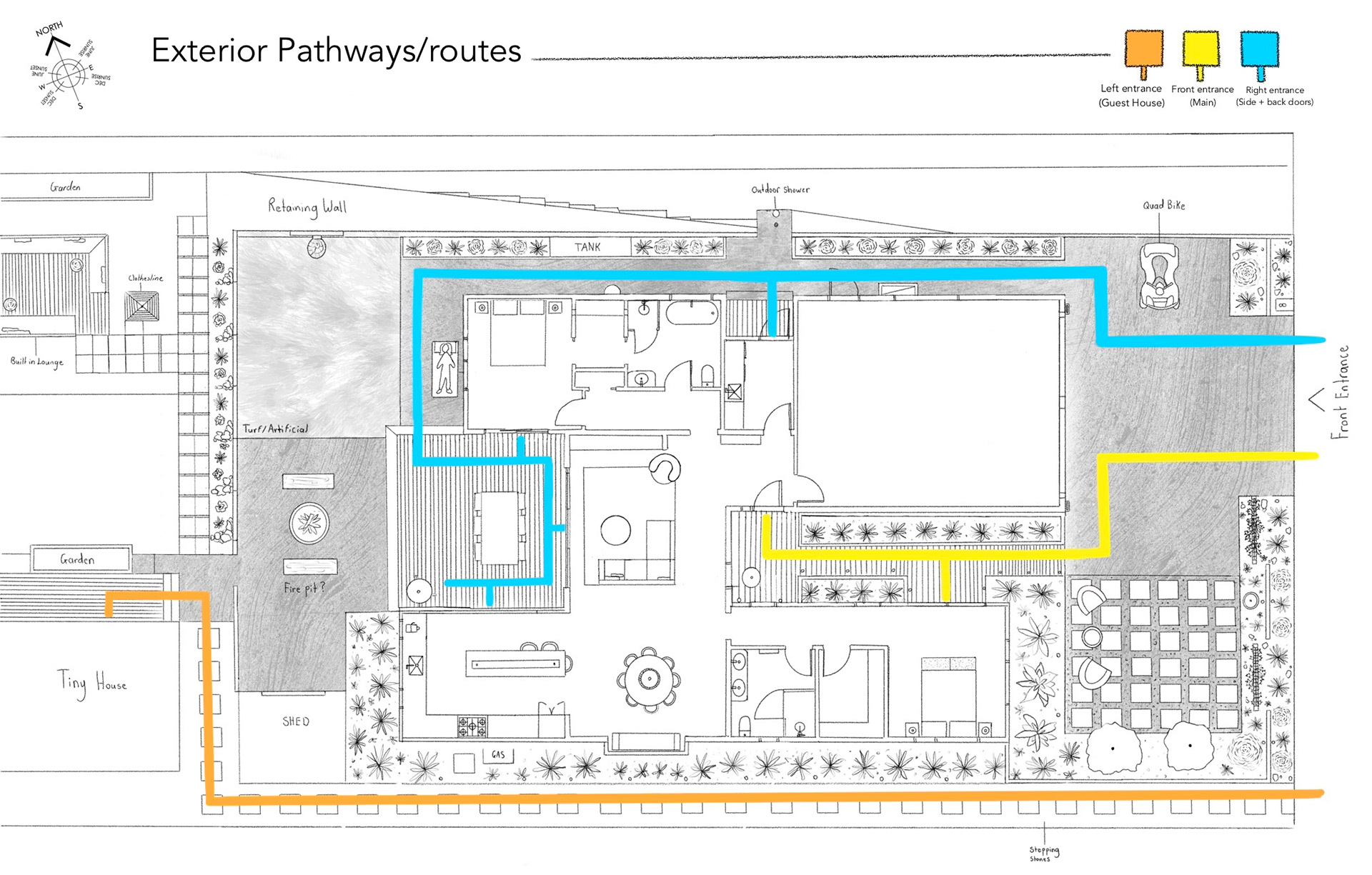 ABOVE: Drawing of exterior pathways/routes on the property, consisting of a 'Guest house' path, 'Main' path and 'Side + Back' path