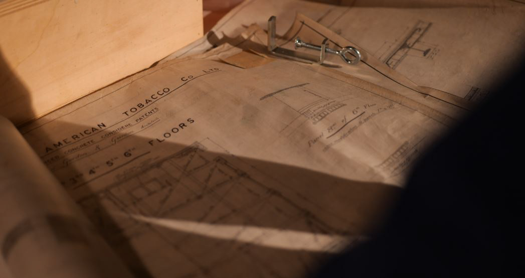 Original factory blueprints on waxed fabric paper