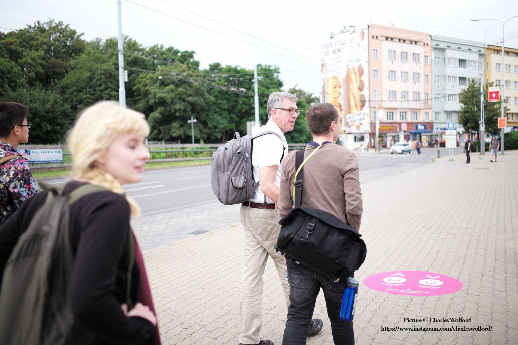 A snapshot from my time at a foreign correspondence workshop in Prague. Here, I am walking with the group to an interview session in Plzen. Plzen, Czechia, July 2016. Picture by Charles Wolford.