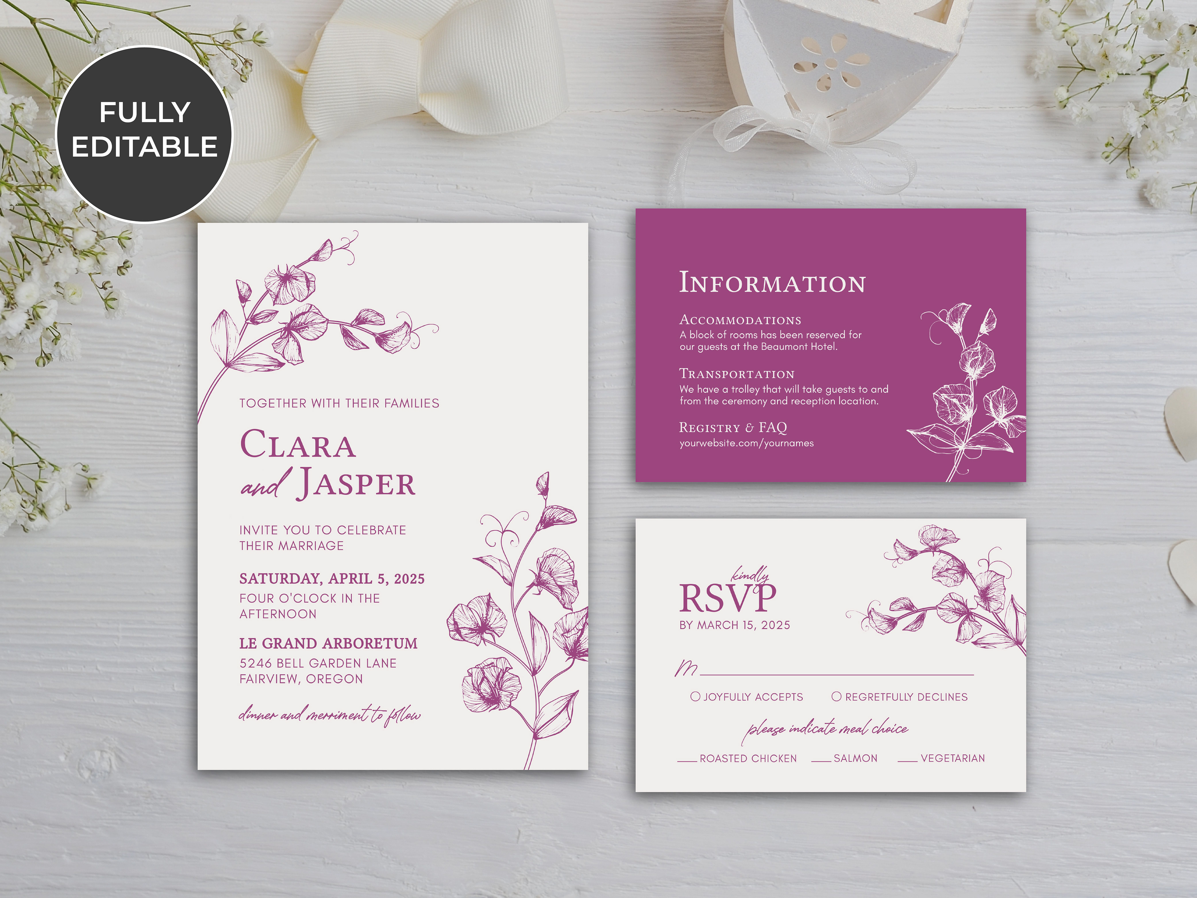 Modern Sweet Pea Themed Invitation Suite (editable template)