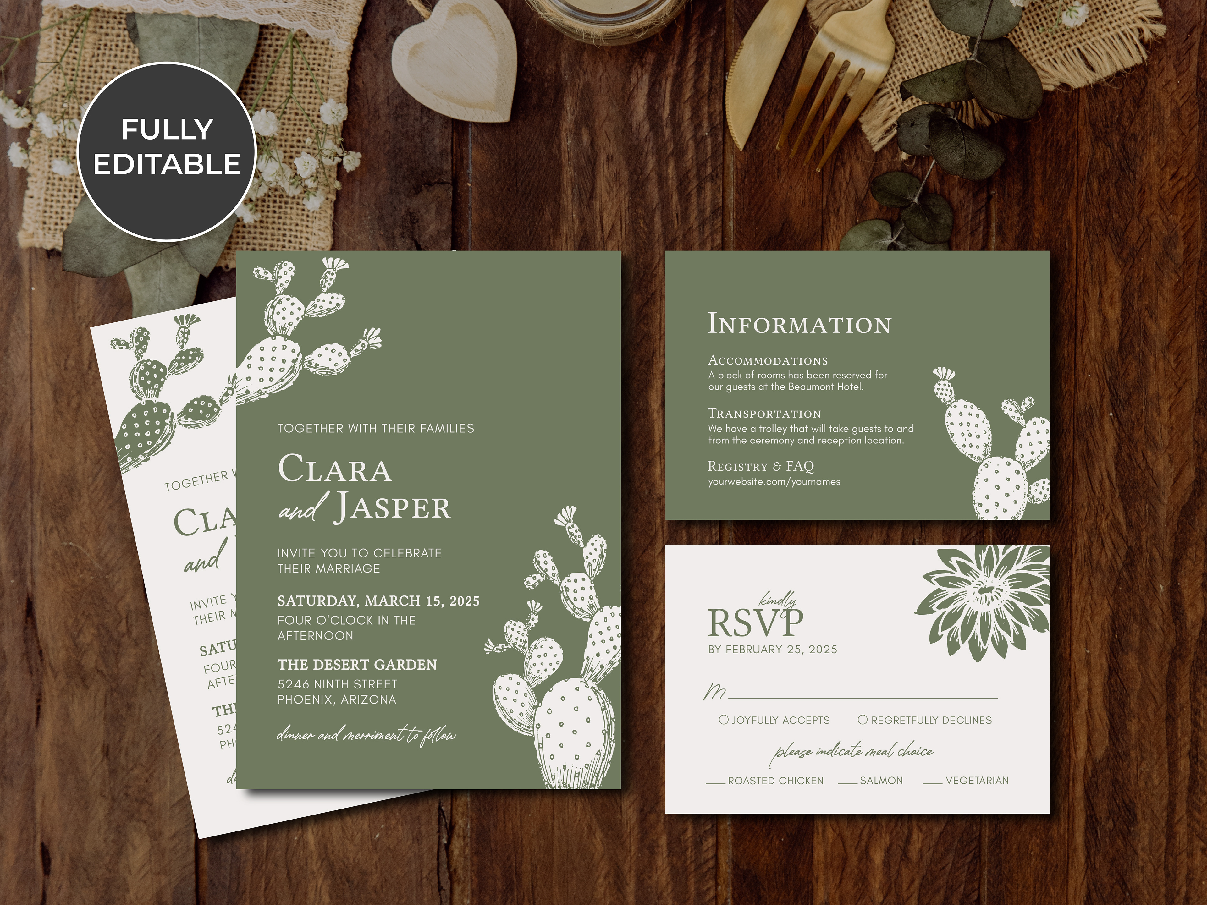 Modern Cactus Themed Invitation Suite (editable template)