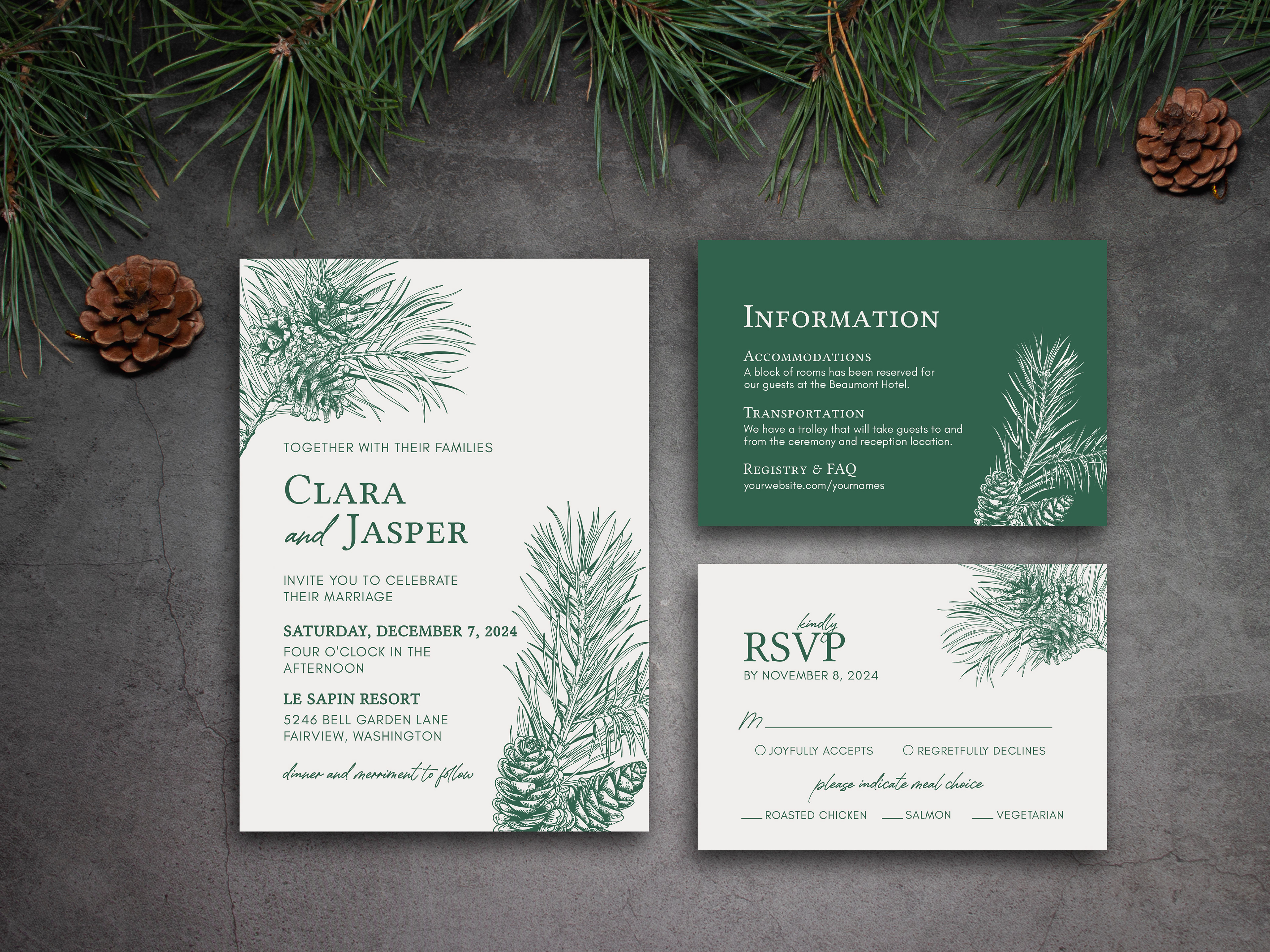 Modern Pine Themed Invitation Suite (editable template)