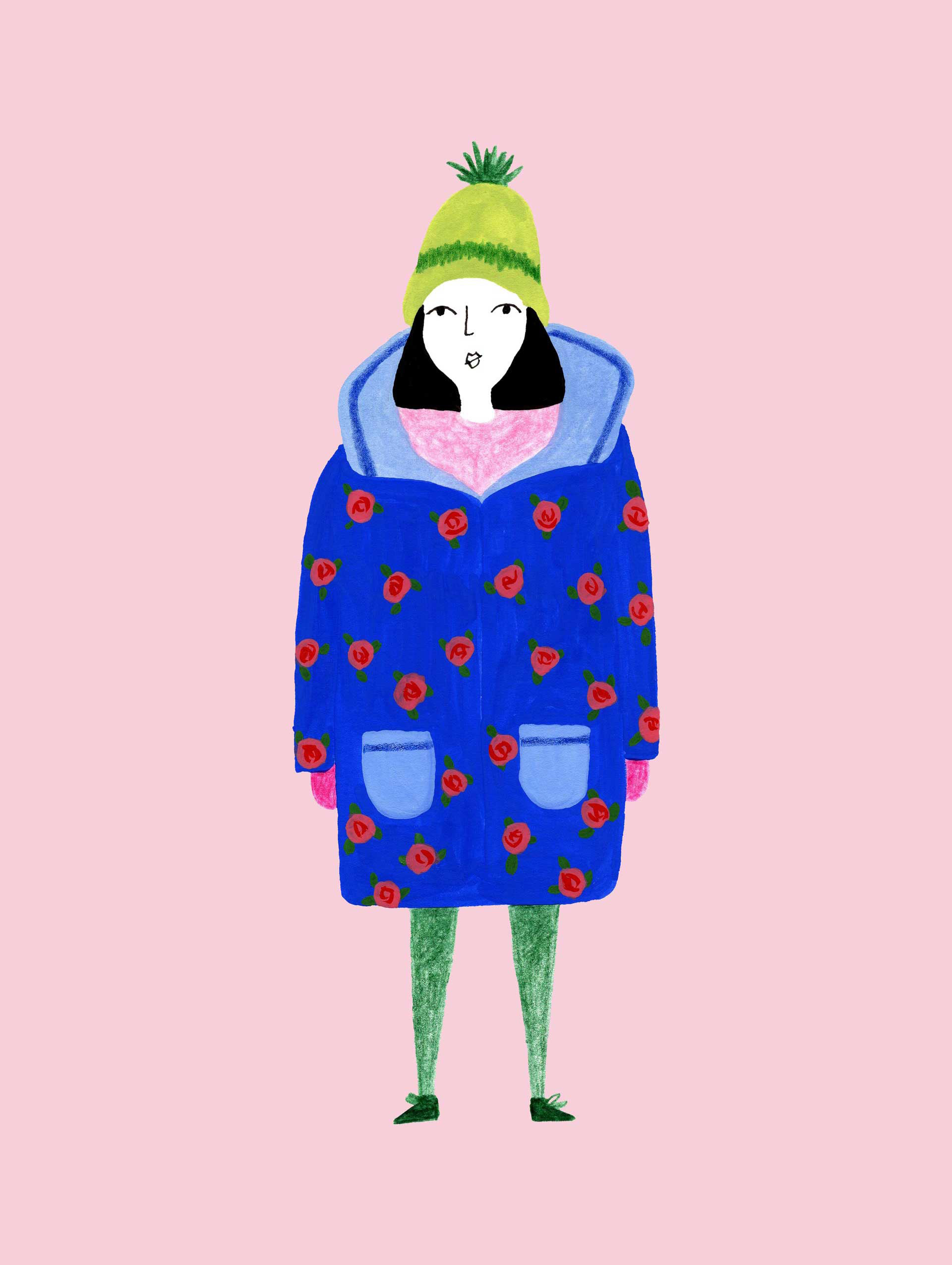 Girl with a bulky blue coat with patterned roses