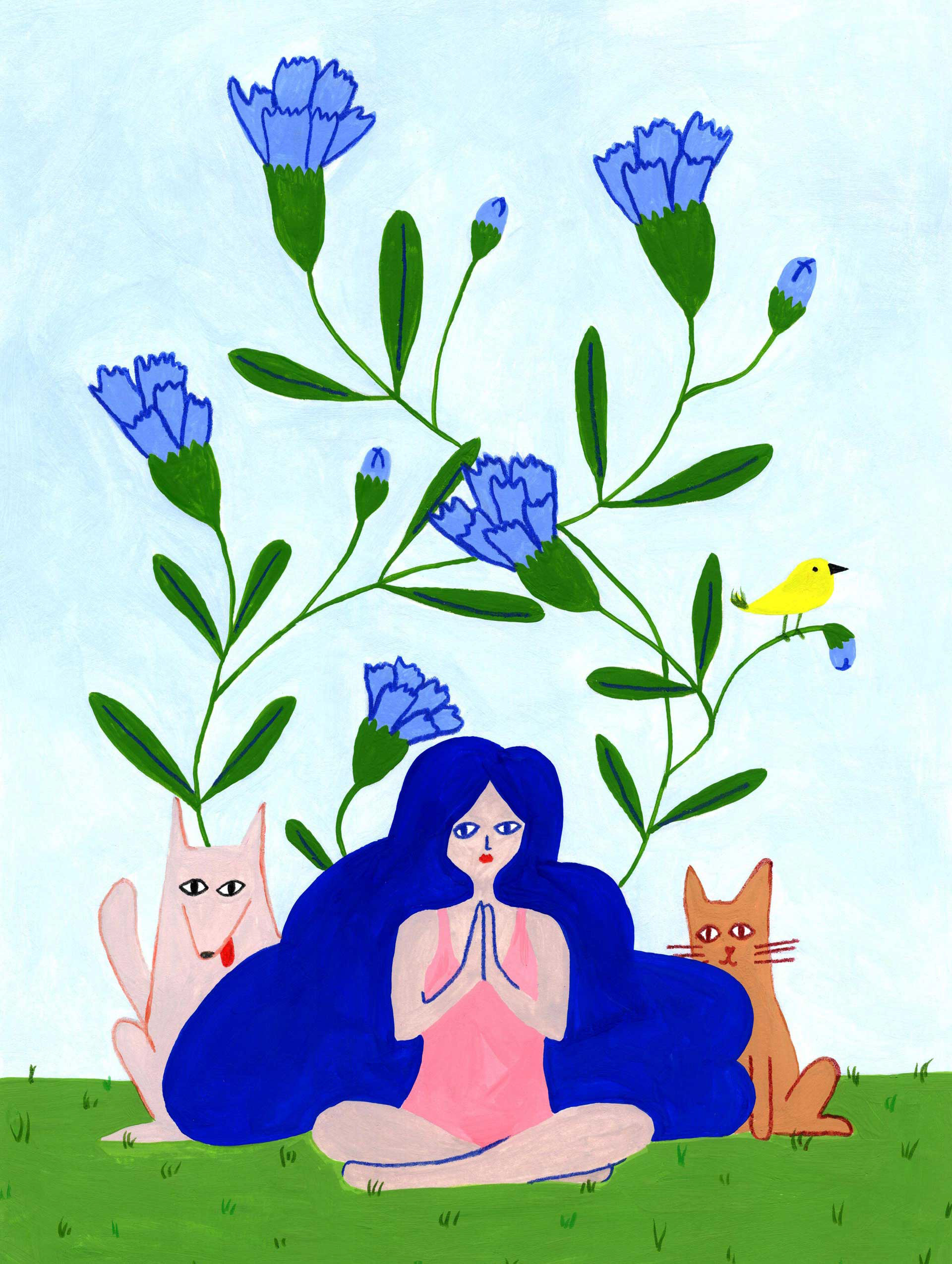 Meditating girl surrounded by animals and flowers