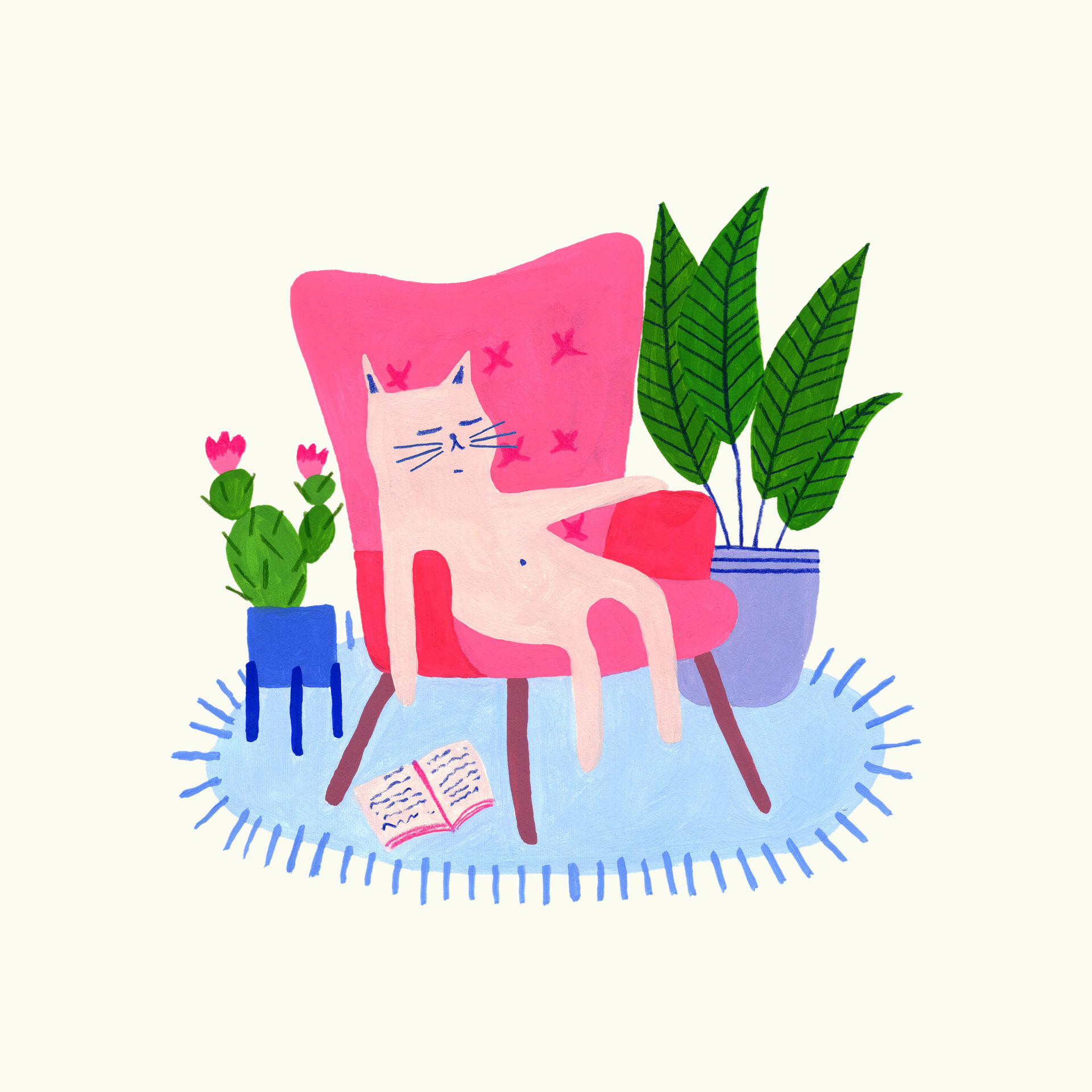 Cute cat, sitting on a pink chair, surrounded by potted plants and an open book on the floor