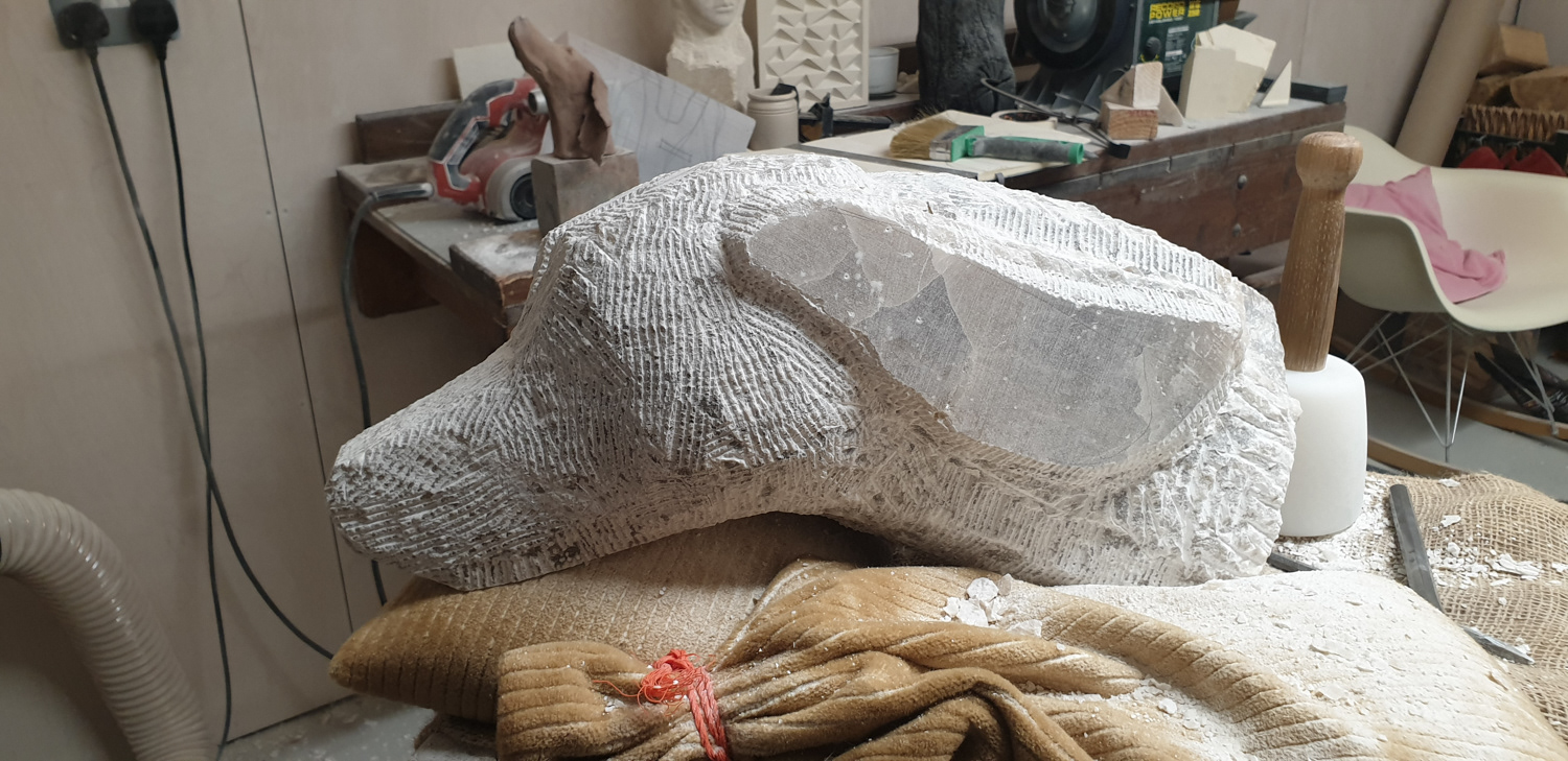 Weimaraner 'roughed-out' in alabaster