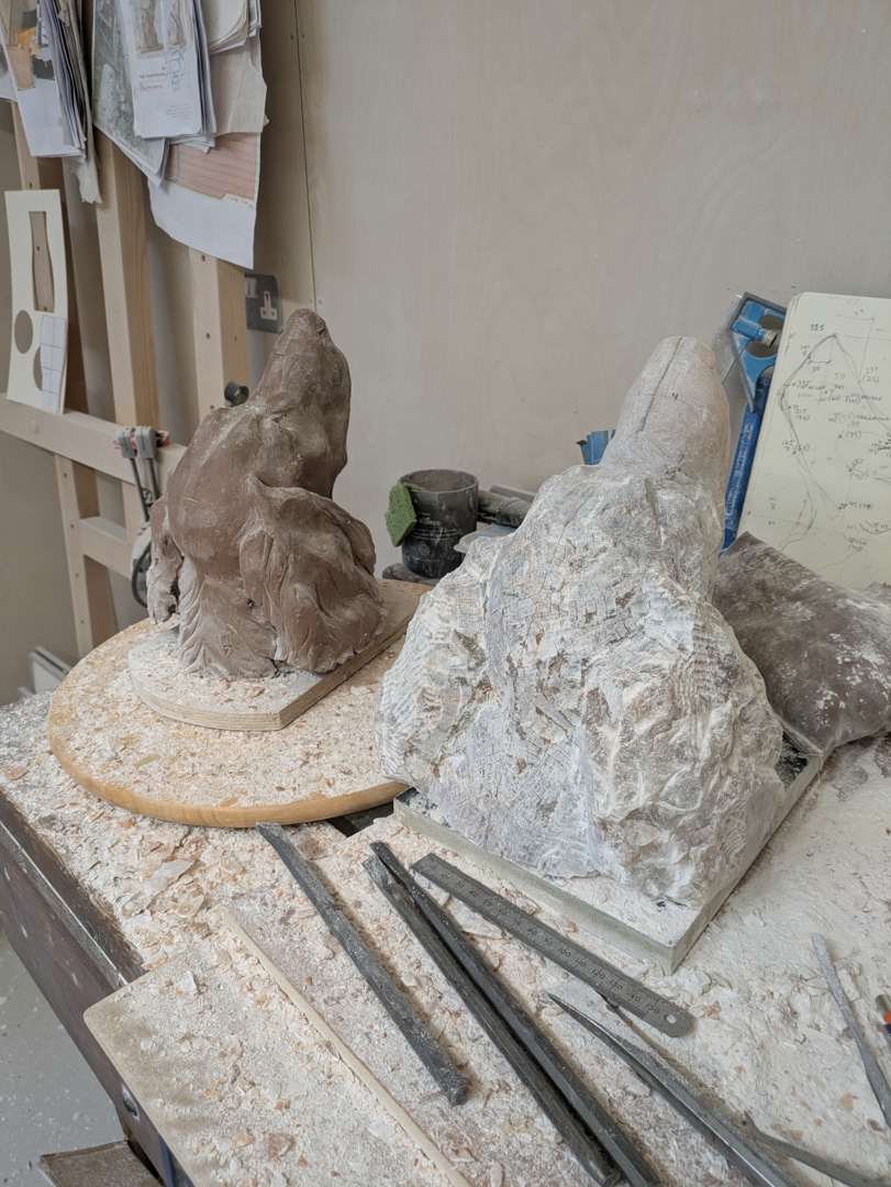 Measuring between the maquette and the stone