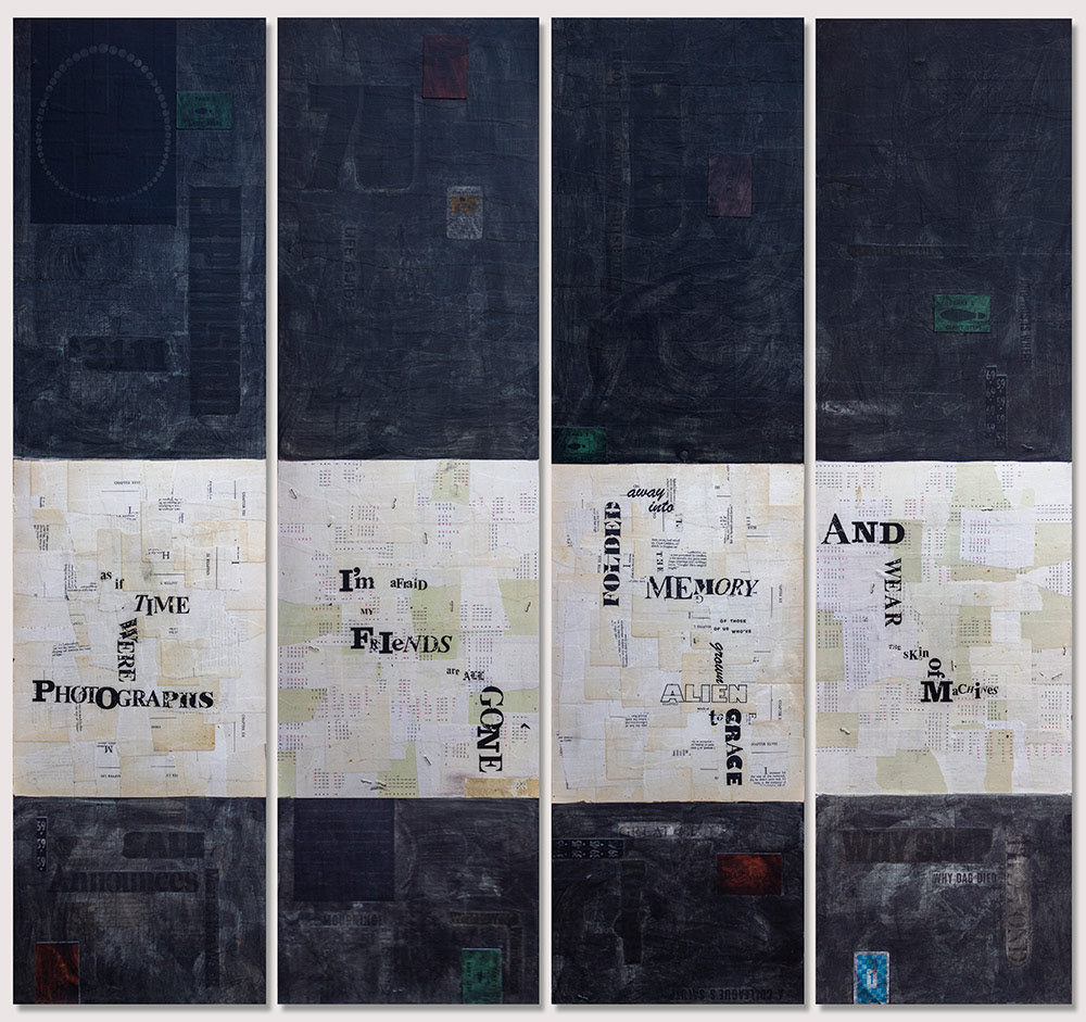 Fragmented Lament, 4' x 4' quadtych collage on masonite