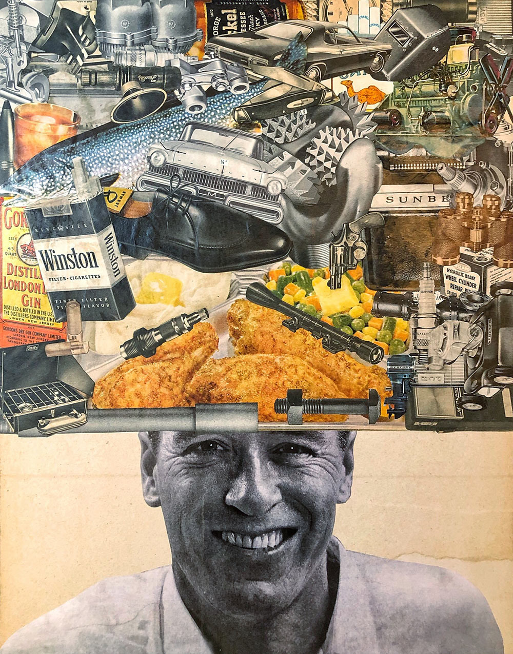 Deke, 14" x 11" collage on wood panel