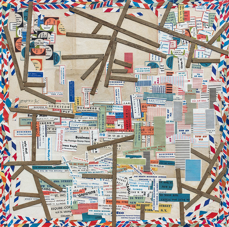 Undeliverable, 15" x 15" collage on masonite