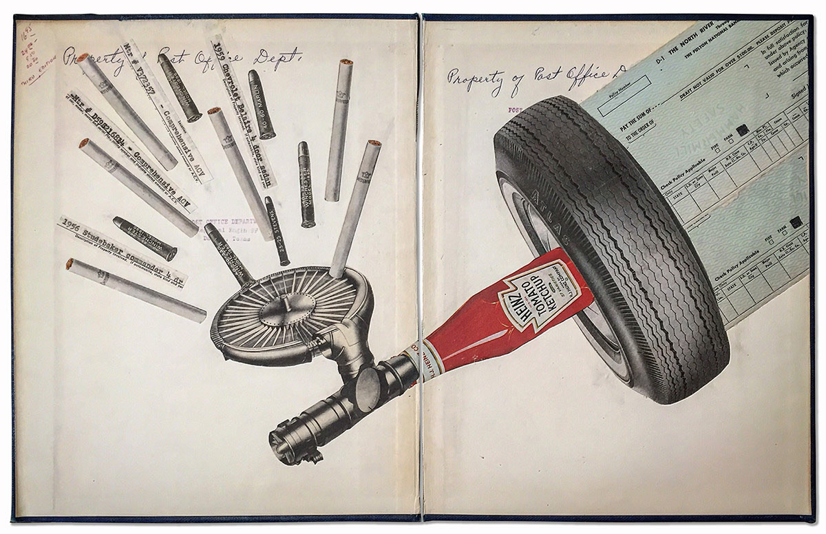 Projectiles, 16" x 10", collage on book covers.