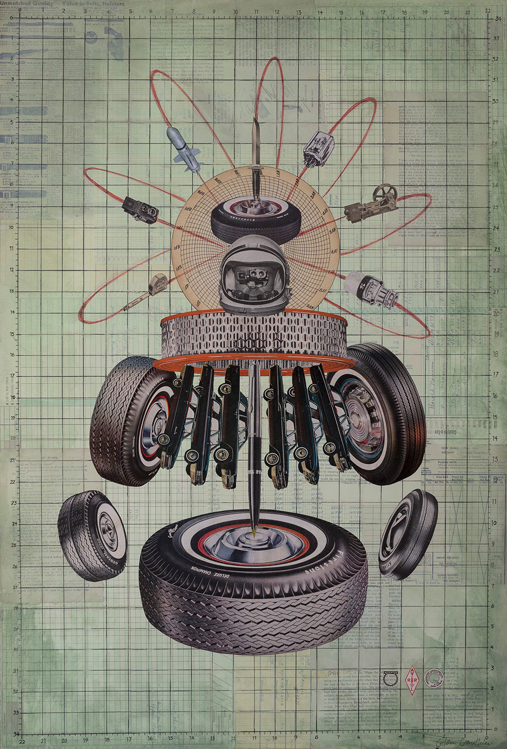 Spinning Totem, 24" x 36", collage on masonite.