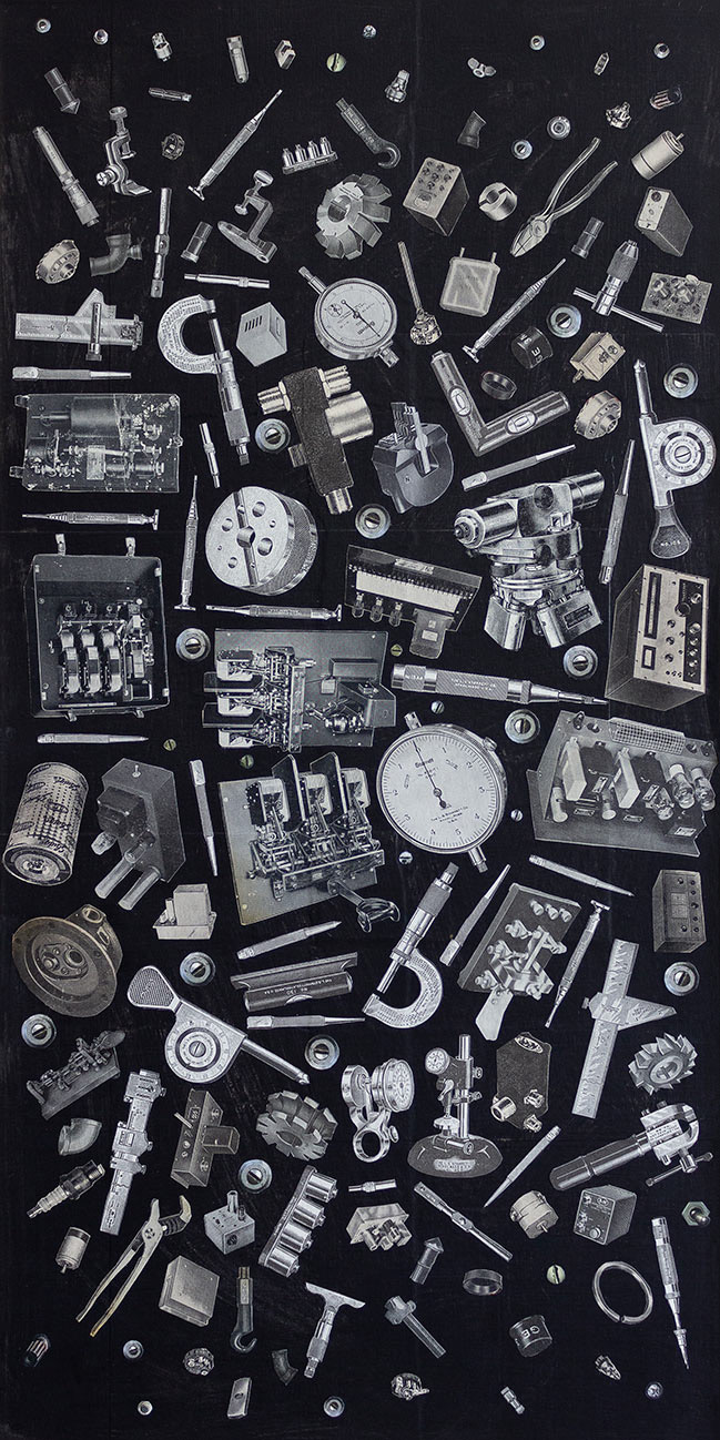 The Machinist, 24" x 12" collage on wood panel