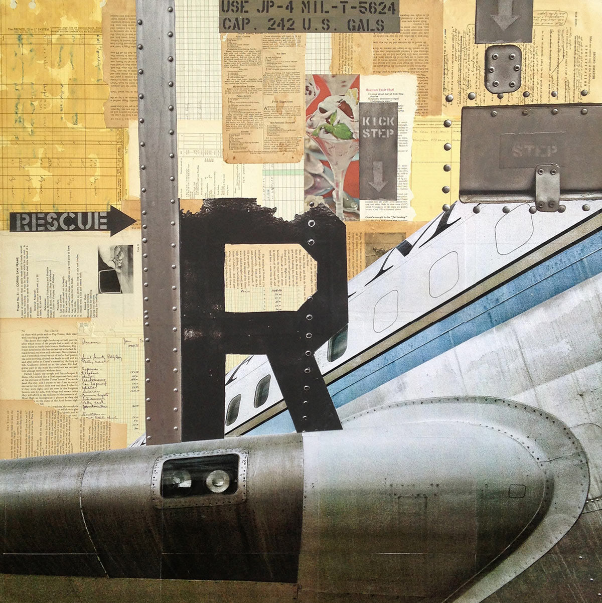 R is for Rivets, 3' x 3', collage on masonite.