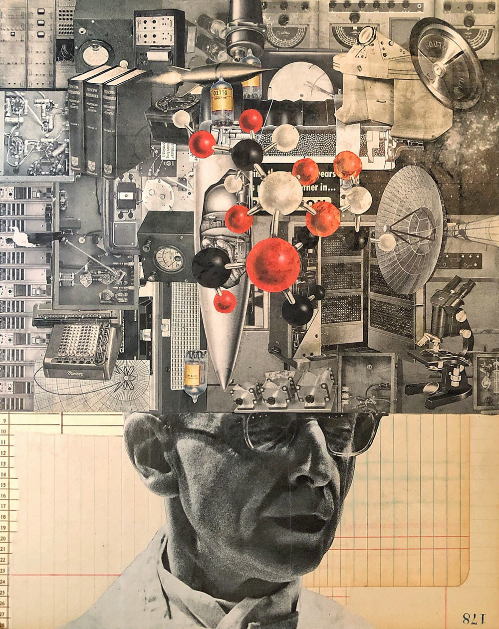 The Scientist, 14" x 11" collage on wood panel