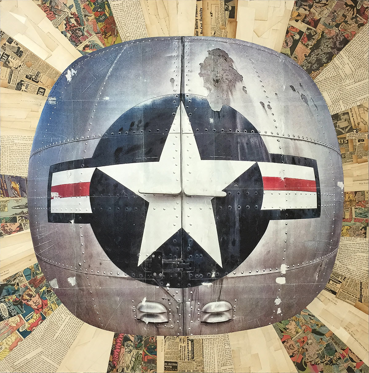 Captain America, 3' x 3', collage on masonite.