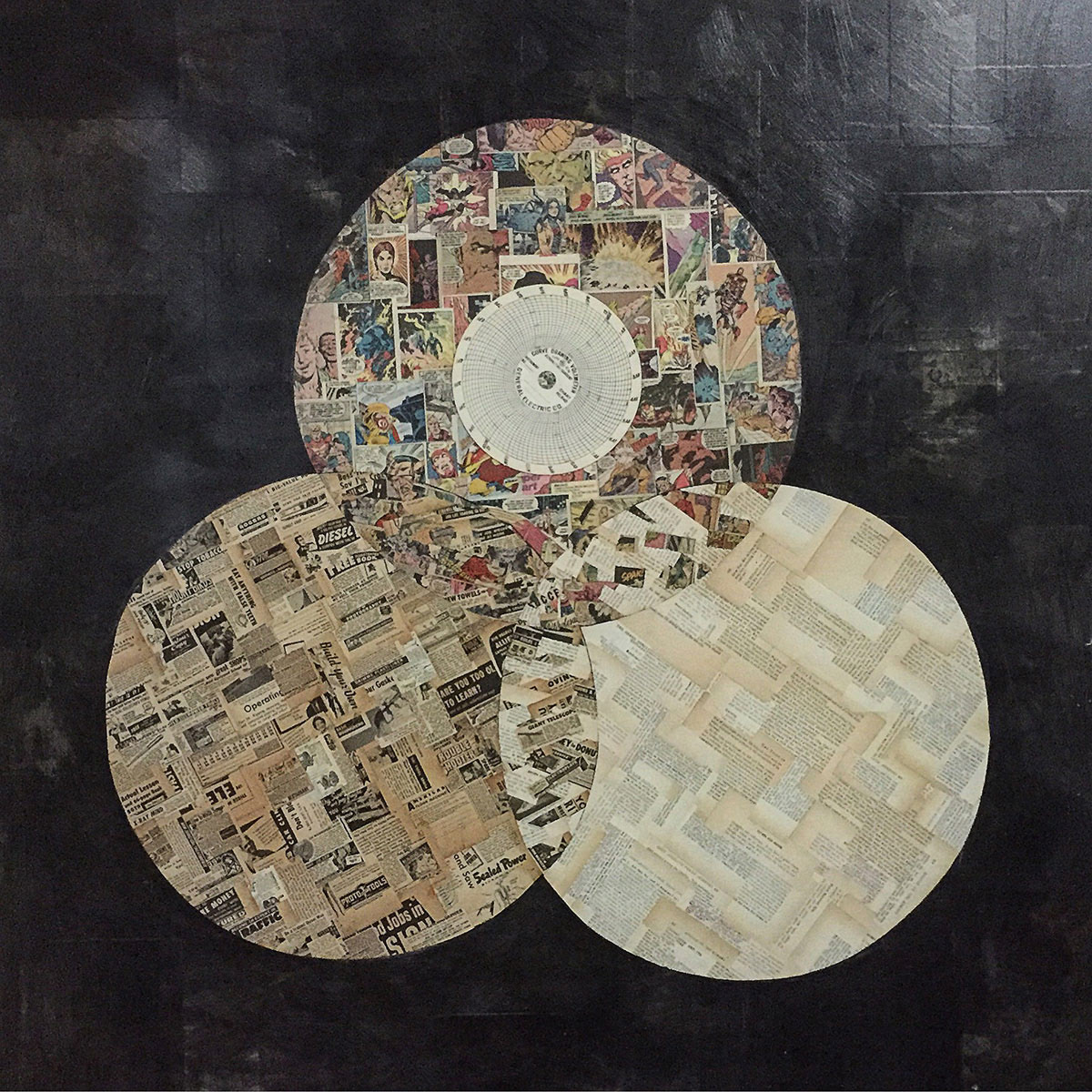 Venn, 4' x 4', collage on masonite.