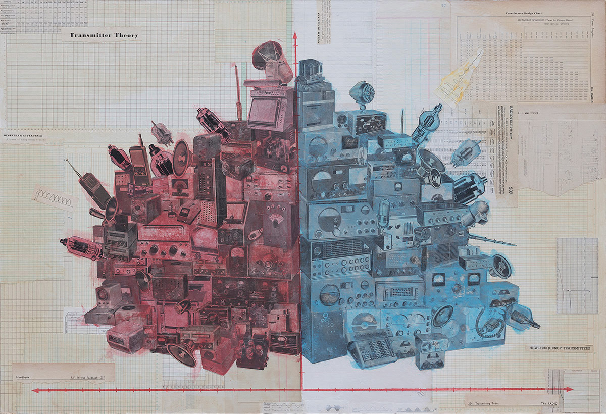 Incommunicado Device, 36" x 24", collage on masonite.