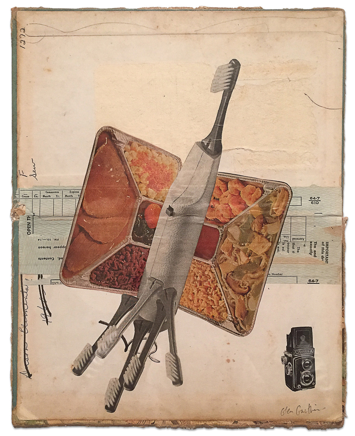 Hungry Man Satellite, 10" x 14", collage on book covers.