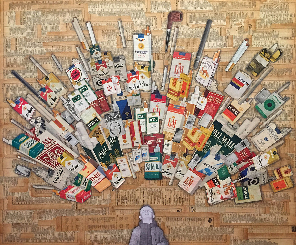 Nicotine Dreams, 36" x 30", collage on masonite.