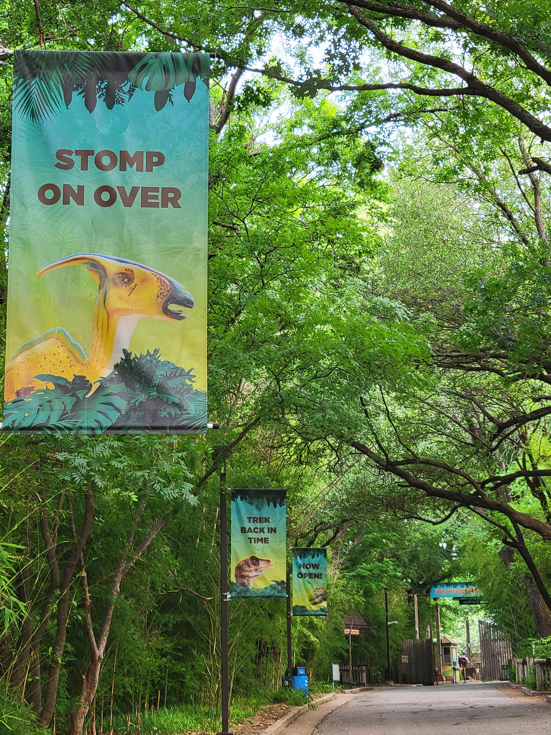 Pole Light banners along the walk way to the Detination: Dinosaurs entrance gate within the Zoo to help increase visibility