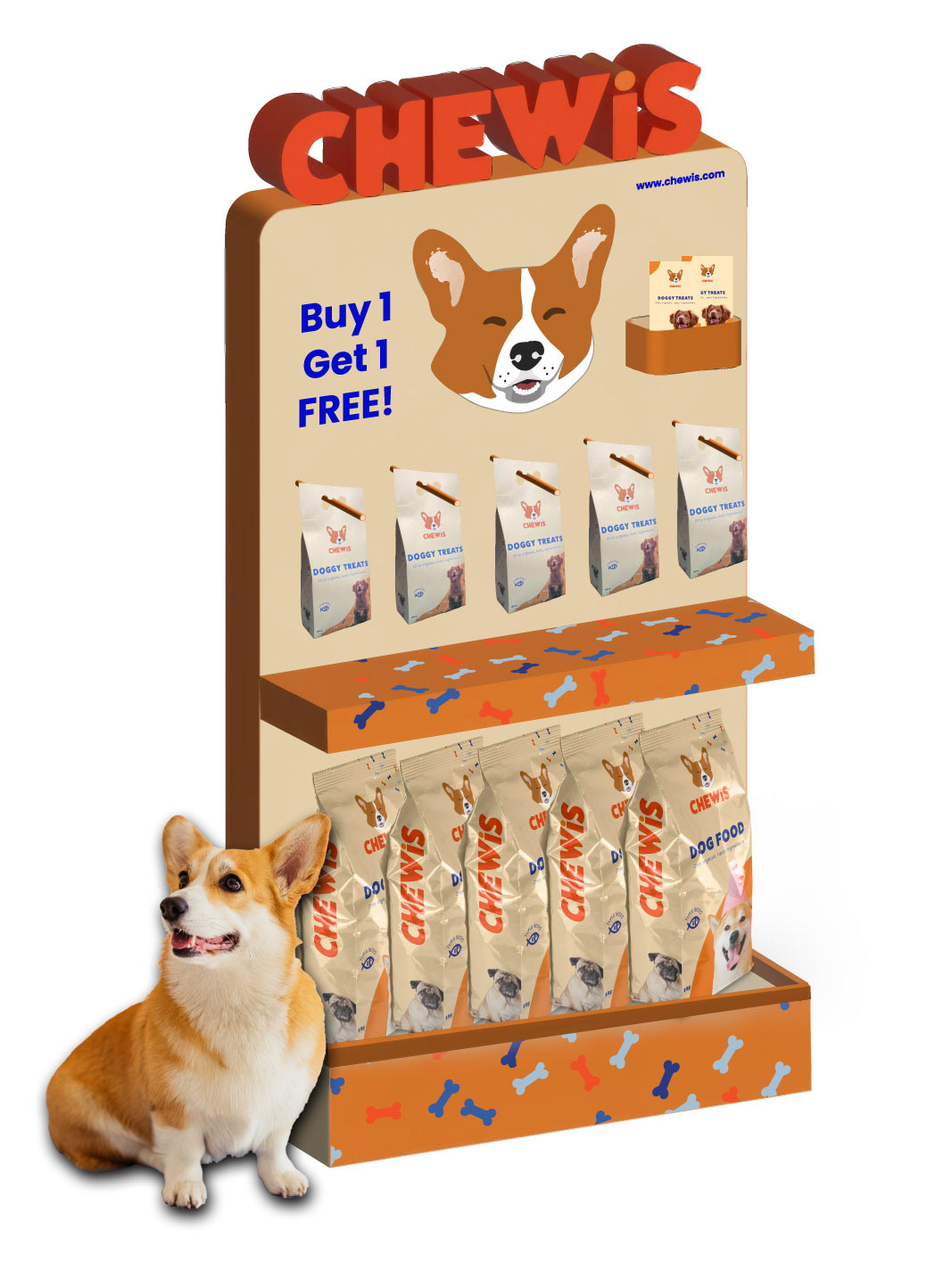 POS-display. Corgi cardboard figure to be placed next to it