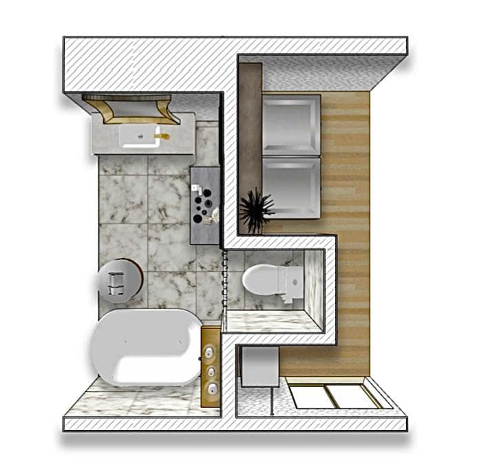 SketchUp – Art inspired gallery bath exploration utilizing black and white art motifs along with decorative brass furnishings