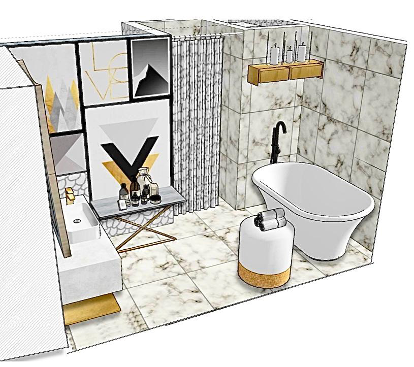 SketchUp – Art inspired gallery bath exploration utilizing black and white art motifs along with decorative brass furnishings