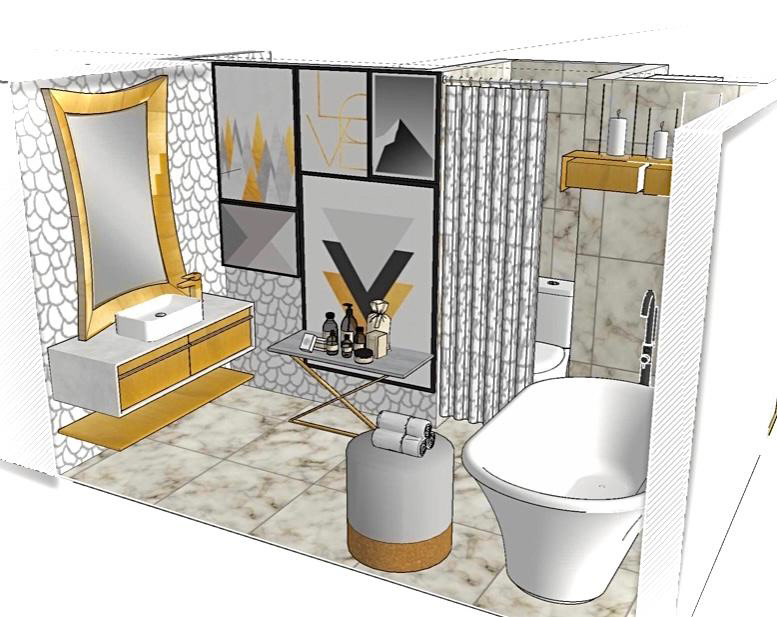 SketchUp – Art inspired gallery bath exploration utilizing black and white art motifs along with decorative brass furnishings
