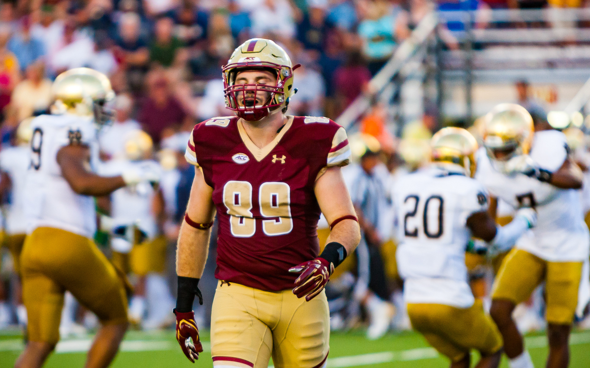 Tommy Sweeney #89 of the Boston College Eagles reacts as members of the Notre Dame Fighting Irish celebrate a touchdown on September 16, 2017 at Alumni Stadium in Boston, Massachusetts. The Fighting Irish defeated the Eagles 49-20.