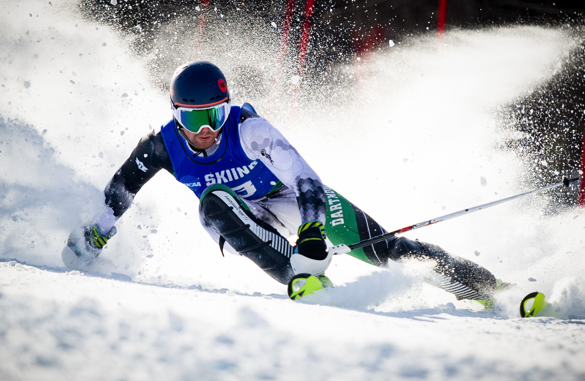 A Dartmouth skier competes in the slalom during the EISA Championships at Bates Carnival at Sunday River Ski Resort on February 23, 2019 in Newry, Maine.