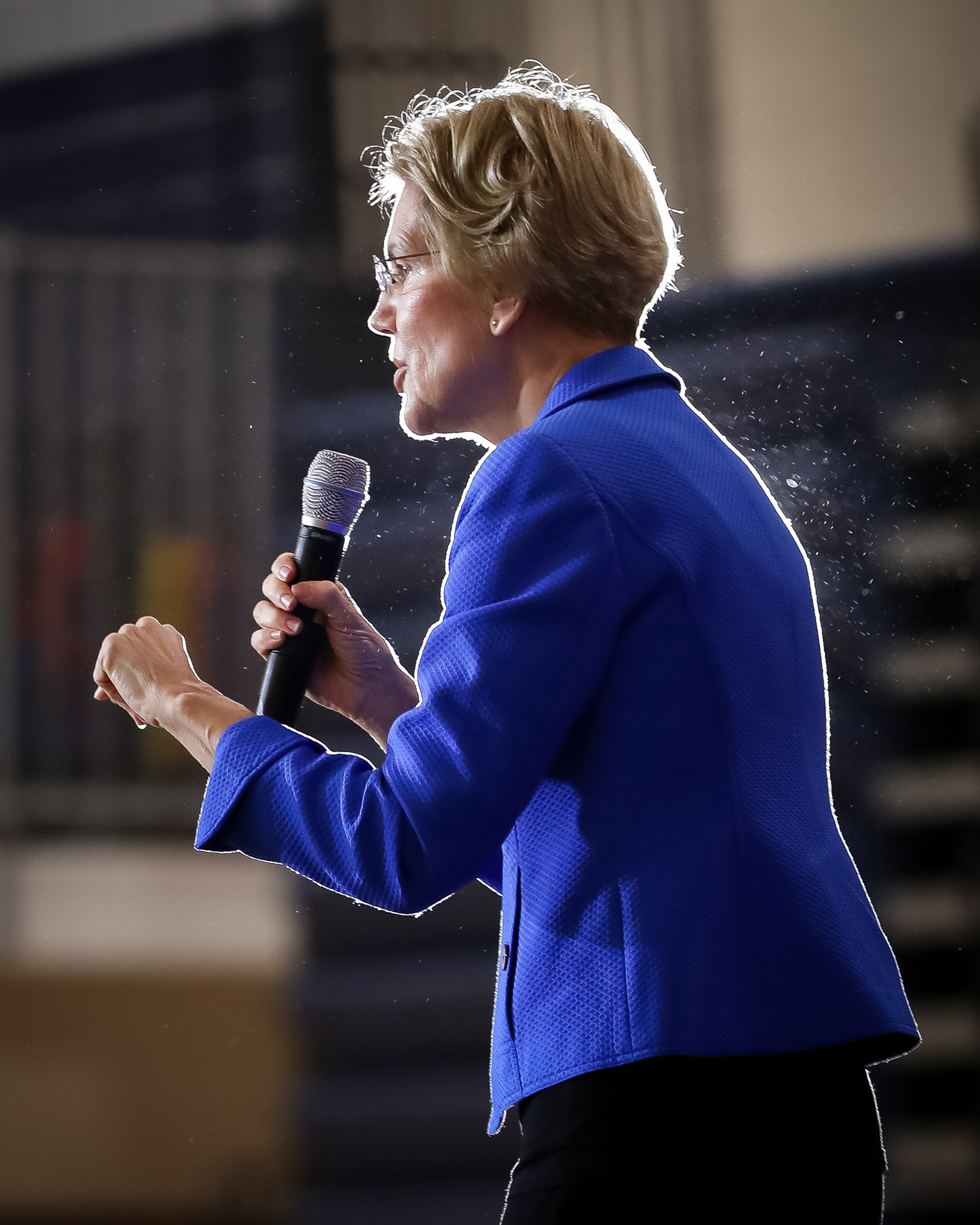 Senator Elizabeth Warren speaks to a members of  Roosevelt High School about student loan forgiveness during her campaign event on October 21, 2019 in Des Moines, Iowa.